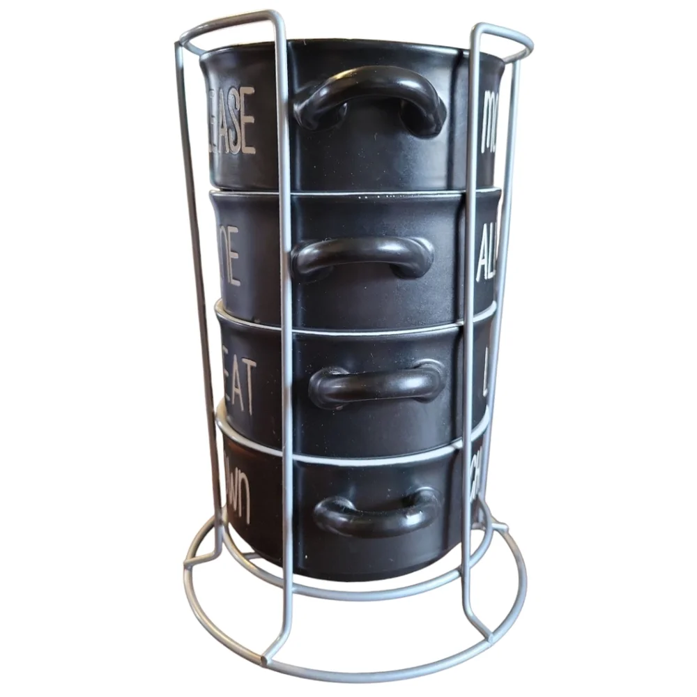 Vtg Boston Warehouse 4 Handled Black Souper Bowls White Script With Metal Rack